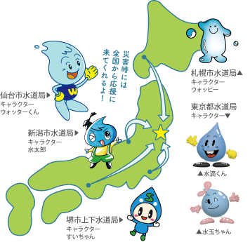 災害時には全国から応援に来てくれるよ！ 仙台市水道局キャラクター：ウォッターくん。新潟市水道局キャラクター：水太郎。堺市上下水道局キャラクター：すいちゃん。札幌市水道局キャラクター：ウォッピー。東京都水道局キャラクター：水玉ちゃん、水滴くん。