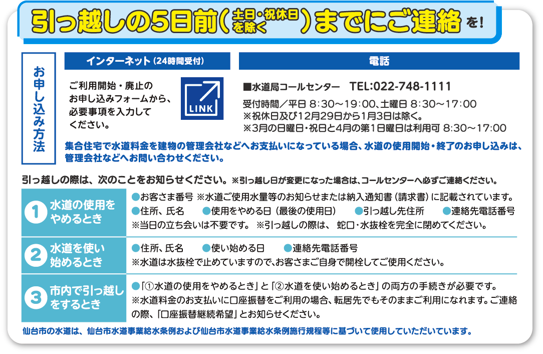 引っ越しの5日前（土日・祝休日を除く）までにご連絡を